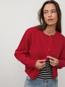 dear melrose 女款紅色圓領基本款開襟衫，休閒長袖寬鬆版型，秋冬適用，辦公室返校穿搭 - 紅色 - 查看 2