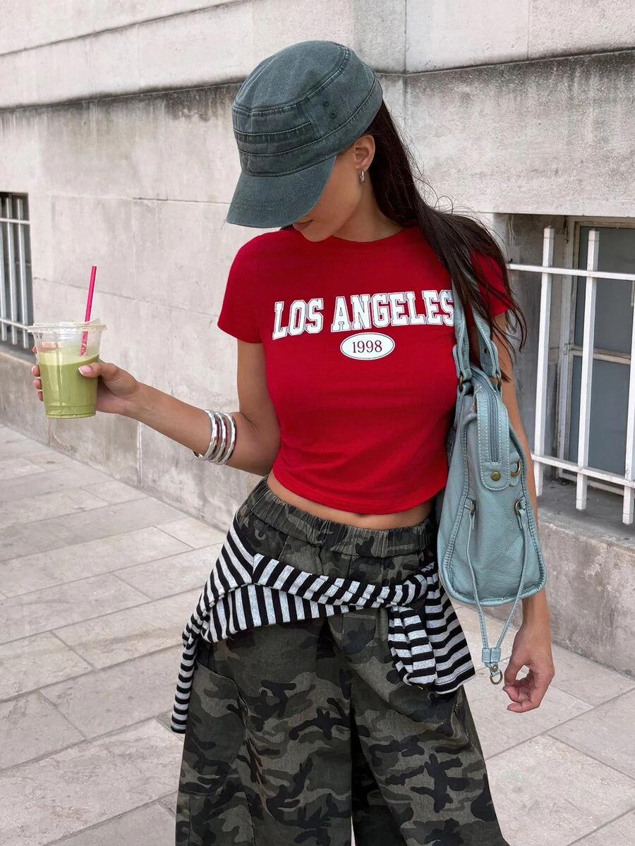 dear melrose Women's Casual Graphic Letter Print Red Cropped T-Shirt, Los Angeles, Fall Back To School - Red - View 1