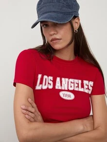 dear melrose Women's Casual Graphic Letter Print Red Cropped T-Shirt, Los Angeles, Fall Back To School - Red - View 2
