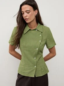 dear melrose Women's Green Plaid Checkered Short Sleeve Fitted Shirt, Asymmetric Button Down Top, Summer Fall Casual Back To School - Green - View 5