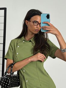 dear melrose Women's Green Plaid Checkered Short Sleeve Fitted Shirt, Asymmetric Button Down Top, Summer Fall Casual Back To School - Green - View 2