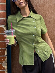 dear melrose Women's Green Plaid Checkered Short Sleeve Fitted Shirt, Asymmetric Button Down Top, Summer Fall Casual Back To School - Green - View 1