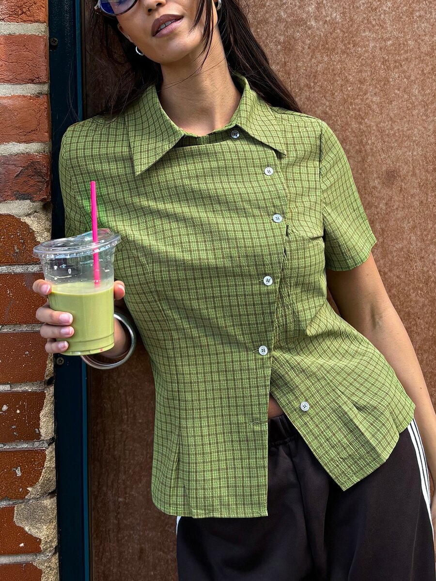dear melrose Women's Green Plaid Checkered Short Sleeve Fitted Shirt, Asymmetric Button Down Top, Summer Fall Casual Back To School - Green - View 1