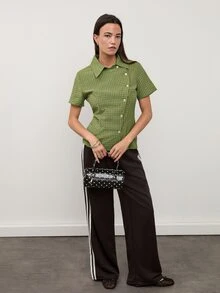 dear melrose Women's Green Plaid Checkered Short Sleeve Fitted Shirt, Asymmetric Button Down Top, Summer Fall Casual Back To School - Green - View 3