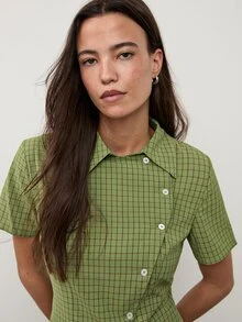 dear melrose Women's Green Plaid Checkered Short Sleeve Fitted Shirt, Asymmetric Button Down Top, Summer Fall Casual Back To School - Green - View 4