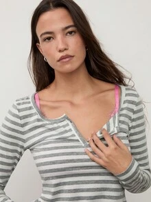 dear melrose Women's Grey And White Striped Henley Long Sleeve Top, Cotton-Feel Button Tee, Autumn Winter Back To School - Grey - View 3