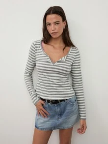 dear melrose Women's Grey And White Striped Henley Long Sleeve Top, Cotton-Feel Button Tee, Autumn Winter Back To School - Grey - View 1