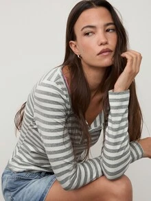 dear melrose Women's Grey And White Striped Henley Long Sleeve Top, Cotton-Feel Button Tee, Autumn Winter Back To School - Grey - View 5