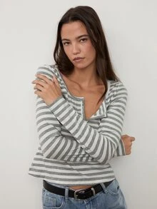 dear melrose Women's Grey And White Striped Henley Long Sleeve Top, Cotton-Feel Button Tee, Autumn Winter Back To School - Grey - View 4
