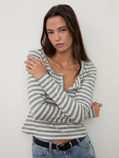 dear melrose Damen Henley-Langarmshirt in Grau und Weiß gestreift, Baumwoll-Optik Button-T-Shirt, Herbst Winter Back to School