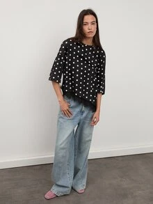 dear melrose 女款黑白波點T恤，不規則下擺蕾絲邊寬鬆上衣，夏季秋季優雅休閒日常穿搭 - 彩色 - 查看 5