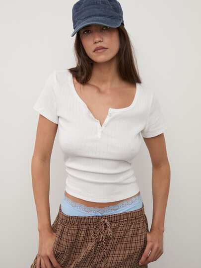 dear melrose Women's White Henley Short Sleeve T-Shirt, 95% Cotton Pointelle Style Button Top, Summer Fall, Retro Y2K Soft Girl & Clean Girl Style