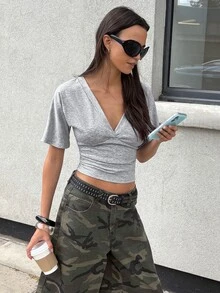 dear melrose Women's Grey Deep V-Neck Short Sleeve Fitted Casual Top, Versatile T-Shirt, Night Out, Summer Fall Outfit - Grey - View 1