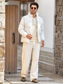 Mercer Haus Men's Long Sleeve Solid Color Casual Stand Collar White Padded Coat, Autumn/Winter - White - View 3