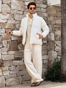 Mercer Haus Men's Long Sleeve Solid Color Casual Stand Collar White Padded Coat, Autumn/Winter - White - View 6