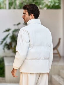 Mercer Haus Men's Long Sleeve Solid Color Casual Stand Collar White Padded Coat, Autumn/Winter - White - View 2