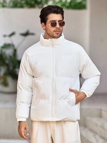 Mercer Haus Men's Long Sleeve Solid Color Casual Stand Collar White Padded Coat, Autumn/Winter - White - View 5