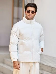 Mercer Haus Men's Long Sleeve Solid Color Casual Stand Collar White Padded Coat, Autumn/Winter - White - View 4