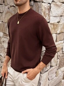 Mercer Haus 秋冬季男士圆领长袖纯色简约休闲轻质针织毛衣 - 咖啡棕 - 查看 7