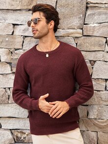 Mercer Haus 男士基础款纯色休闲宽松轻薄涤纶珠地针织落肩圆领毛衣，小众设计，秋冬款 - 紅色 - 查看 5