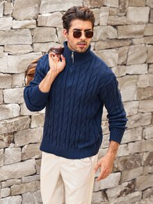 Mercer Haus Men's Half-Zip Knit Polo Sweater, Old Money Style, Solid Color, Versatile Commuter For Autumn/Winter - Blue - View 1