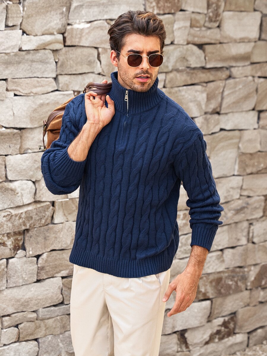 Mercer Haus Men's Half-Zip Knit Polo Sweater, Old Money Style, Solid Color, Versatile Commuter For Autumn/Winter - Blue - View 1