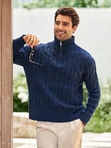 Mercer Haus Men's Half-Zip Knit Polo Sweater, Old Money Style, Solid Color, Versatile Commuter For Autumn/Winter - Blue - View 5