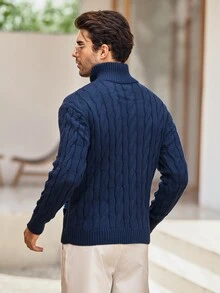 Mercer Haus Men's Half-Zip Knit Polo Sweater, Old Money Style, Solid Color, Versatile Commuter For Autumn/Winter - Blue - View 2