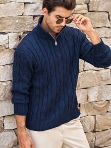 Mercer Haus Men's Half-Zip Knit Polo Sweater, Old Money Style, Solid Color, Versatile Commuter For Autumn/Winter - Blue - View 7
