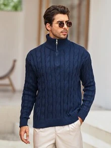 Mercer Haus Men's Half-Zip Knit Polo Sweater, Old Money Style, Solid Color, Versatile Commuter For Autumn/Winter - Blue - View 6