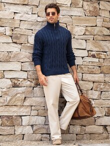 Mercer Haus Men's Half-Zip Knit Polo Sweater, Old Money Style, Solid Color, Versatile Commuter For Autumn/Winter - Blue - View 3