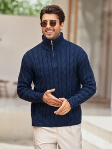 Mercer Haus Men's Half-Zip Knit Polo Sweater, Old Money Style, Solid Color, Versatile Commuter For Autumn/Winter - Blue - View 4
