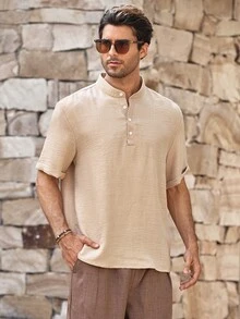 Mercer Haus Men's Casual Linen Polo Shirt, Brown, Suitable For Commuting And Outdoor Activities - Mocha Brown - View 4