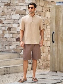 Mercer Haus Men's Casual Linen Polo Shirt, Brown, Suitable For Commuting And Outdoor Activities - Mocha Brown - View 3