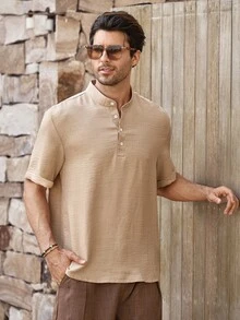 Mercer Haus Men's Casual Linen Polo Shirt, Brown, Suitable For Commuting And Outdoor Activities - Mocha Brown - View 5