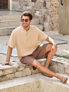 Mercer Haus Men's Casual Linen Polo Shirt, Brown, Suitable For Commuting And Outdoor Activities - Mocha Brown - View 6