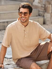 Mercer Haus Men's Casual Linen Polo Shirt, Brown, Suitable For Commuting And Outdoor Activities - Mocha Brown - View 7
