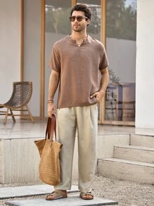Mercer Haus Blueprint Man 1件裝男士咖啡色紋理鬆弛寬腿抽繩休閒長褲，仿亞麻面料，輕盈透氣垂墜舒適不黏膩，抗皺易打理，成熟休閒極簡老錢風，日常通勤、街頭穿搭、居家穿著 - 杏色 - 查看 3