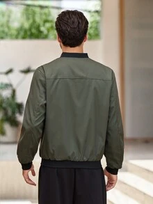 Mercer Haus 男士舒适翻领夹克 - 柔软纯色，拉链开合，长袖，商务风格，适合户外活动和休闲穿着，百搭透气 - 軍綠色 - 查看 2