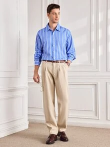 Officeau GloMan 男士經典白黑條紋長袖襯衫，亞麻質感鈕扣開襟，休閒辦公通勤，夏季度假，四季皆宜老錢風，男士禮物 - 藍白色 - 查看 3
