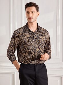 Officeau Men's Burgundy Jacquard Slim Fit Long Sleeve Shirt - Khaki - View 1