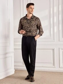 Officeau Men's Burgundy Jacquard Slim Fit Long Sleeve Shirt - Khaki - View 3