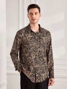 Officeau Men's Burgundy Jacquard Slim Fit Long Sleeve Shirt - Khaki - View 6