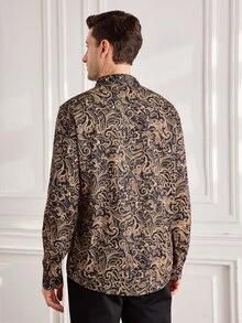 Officeau Men's Burgundy Jacquard Slim Fit Long Sleeve Shirt - Khaki - View 2