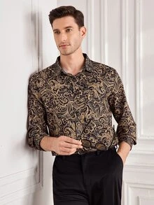 Officeau Men's Burgundy Jacquard Slim Fit Long Sleeve Shirt - Khaki - View 4