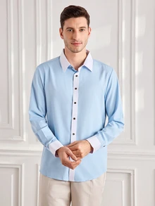 Officeau 1件都市復古學院通勤風 男士天空藍長袖襯衫，梭織素色布料，雙色拼接，親膚舒適，適合日常通勤、城市休閒、多場景穿搭，春秋季長袖襯衫 - 淺色水洗藍 - 查看 8