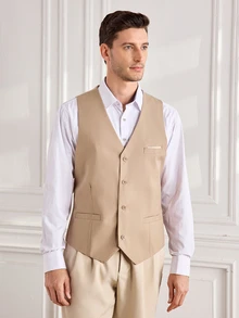 Officeau Men's Solid Color Formal Suit Vest, Large Pocket Design, Business Wedding Party, Can Be Paired With Men's Suit - Champagne - View 5