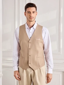 Officeau Men's Solid Color Formal Suit Vest, Large Pocket Design, Business Wedding Party, Can Be Paired With Men's Suit - Champagne - View 6