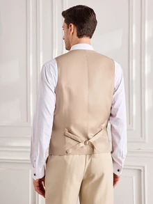 Officeau Men's Solid Color Formal Suit Vest, Large Pocket Design, Business Wedding Party, Can Be Paired With Men's Suit - Champagne - View 2