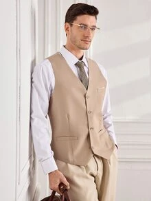 Officeau Men's Solid Color Formal Suit Vest, Large Pocket Design, Business Wedding Party, Can Be Paired With Men's Suit - Champagne - View 4